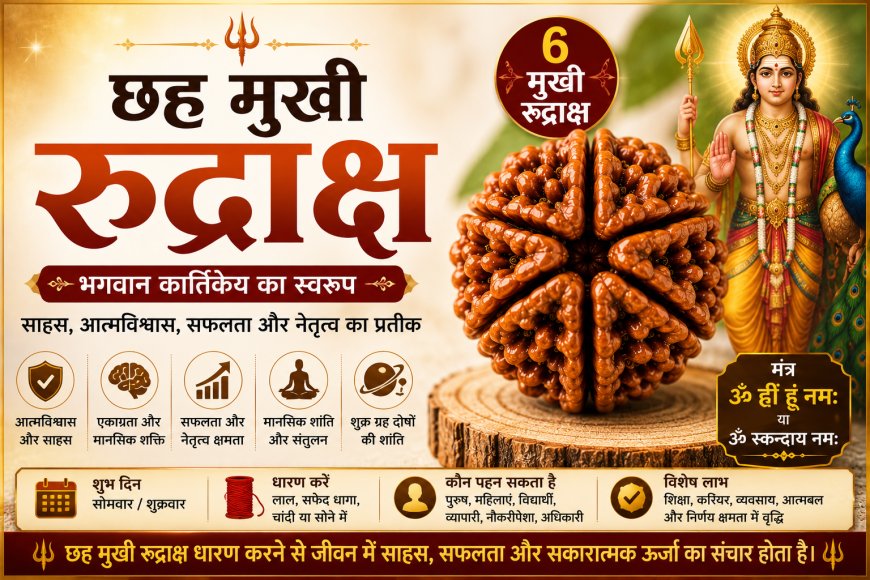 छह मुखी रुद्राक्ष (Chhah Mukhi Rudraksha): सम्पूर्ण जानकारी, लाभ, पहचान, धारण विधि, नियम, सावधानियां और आध्यात्मिक महत्व