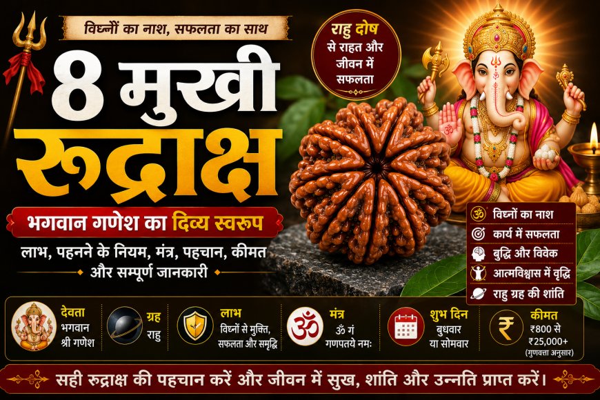 आठ मुखी रुद्राक्ष (Aath Mukhi Rudraksha): सम्पूर्ण जानकारी, लाभ, पहचान, धारण विधि, नियम, सावधानियां और आध्यात्मिक महत्व